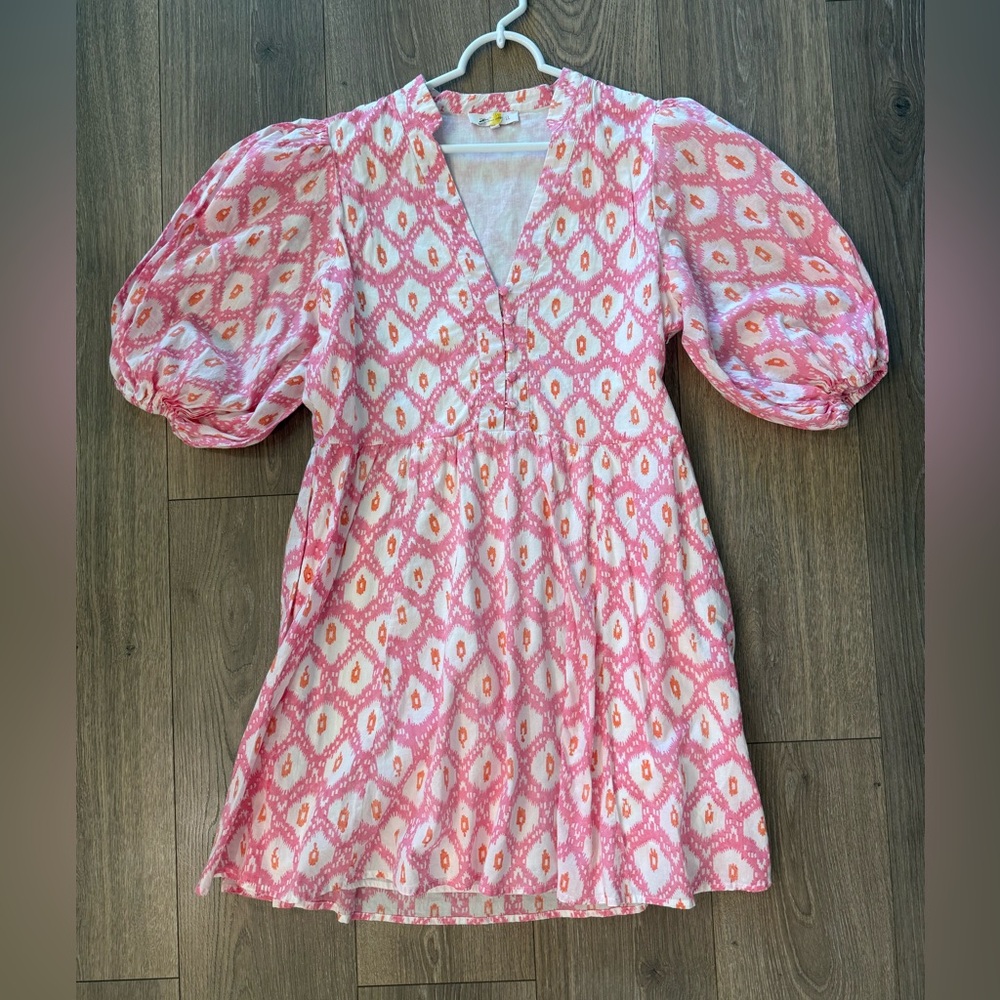 Marea Puff Sleeve Collette Shortie Dress Ikat Pink Kentucky Derby Size L EUC
